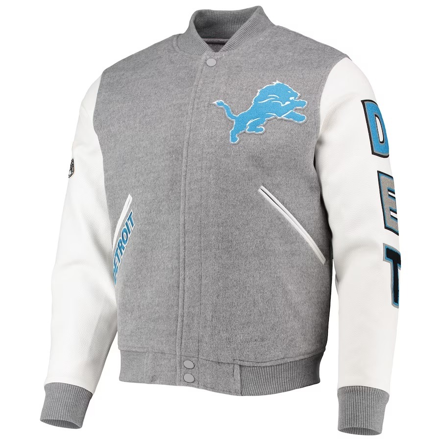 Detroit Lions Grey And White Varsity Jacket