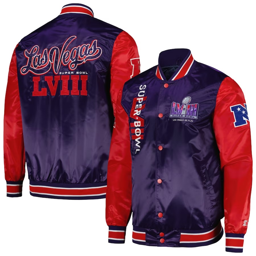 Las Vegas Super Bowl LVIII Purple and Red Satin Varsity Jacket