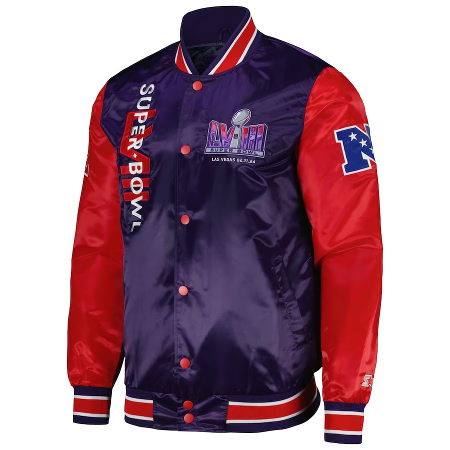 Las Vegas Super Bowl LVIII Purple and Red Satin Varsity Jacket