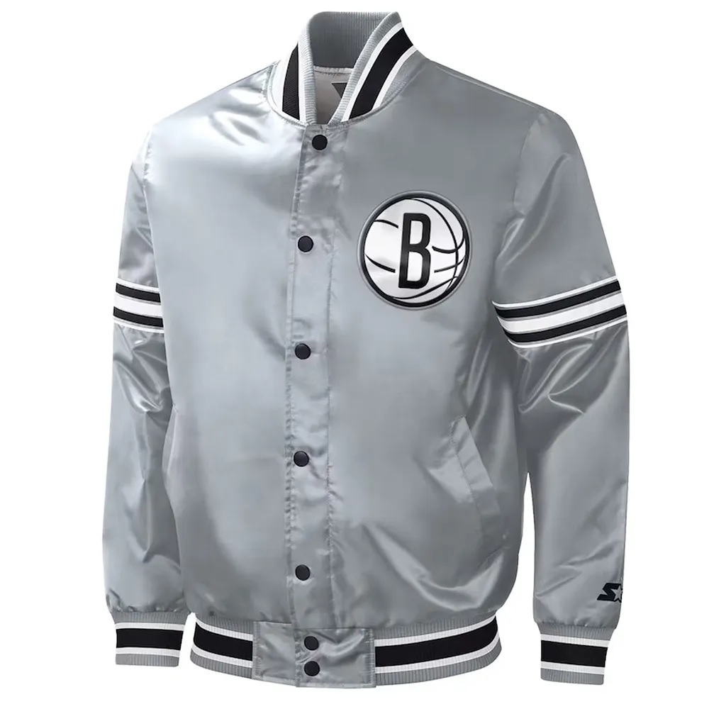 Brooklyn Nets Slider Gray Varsity Satin Jacket