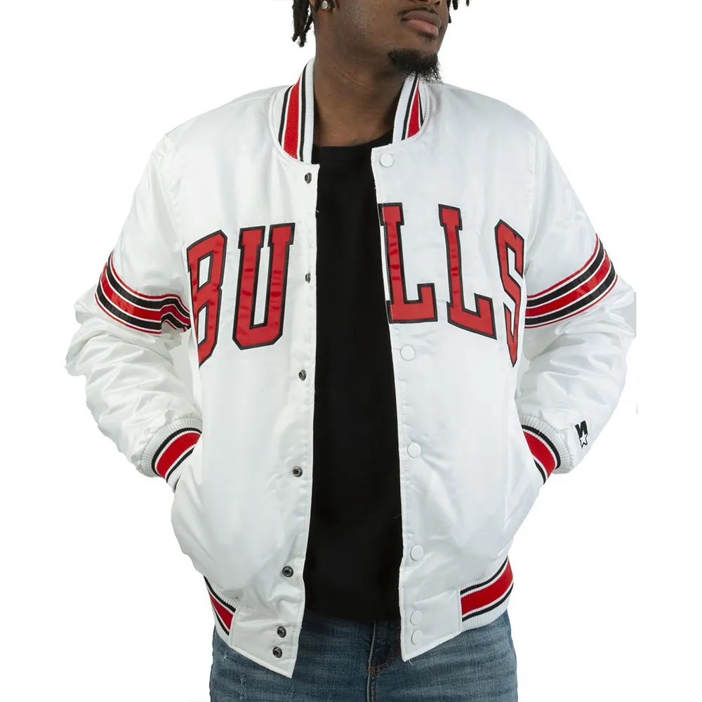 Striped Chicago Bulls White Satin Jacket