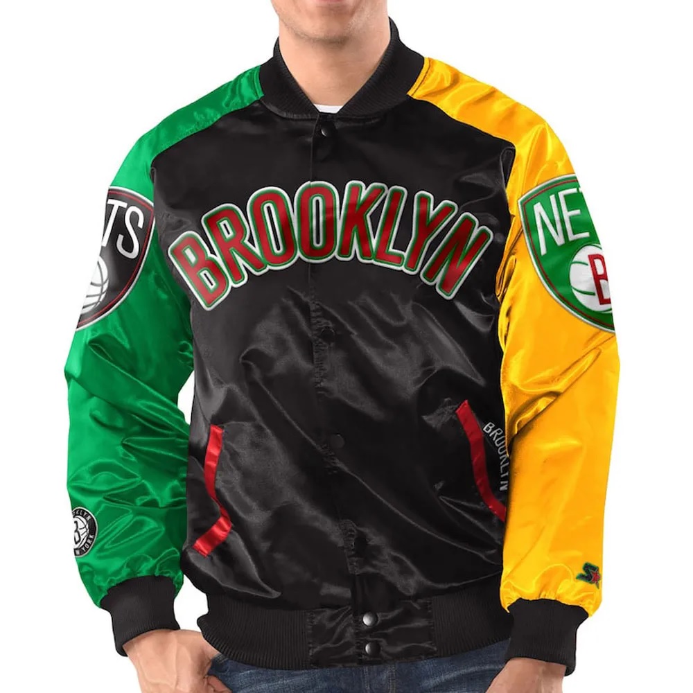 Ty Mopkins Brooklyn Nets Varsity Satin Black and Red Jacket