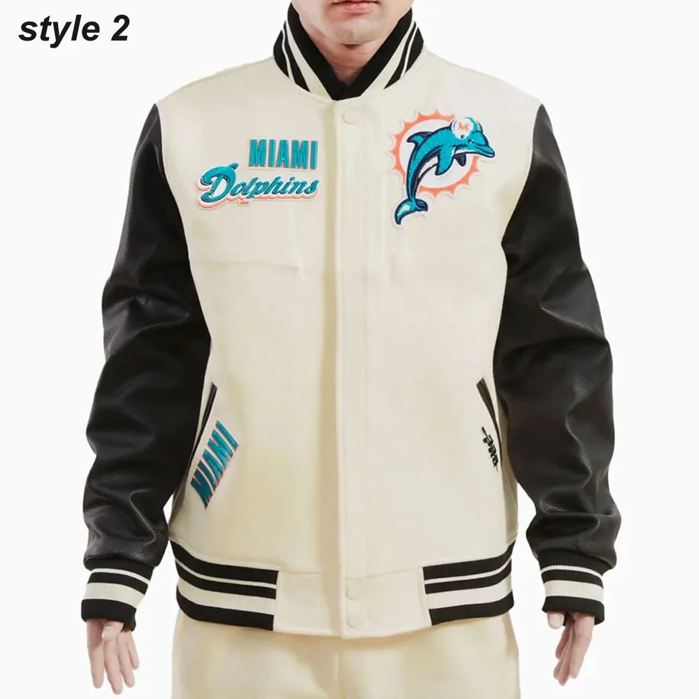 Cream Miami Dolphins Retro Classic Varsity Jacket