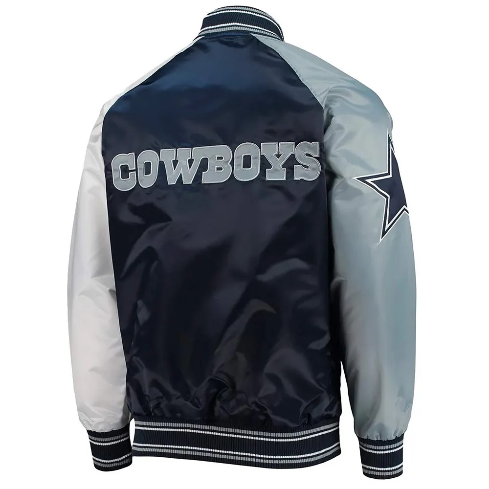 Dallas Cowboys The Reliever Navy and White Varsity Satin Jacket