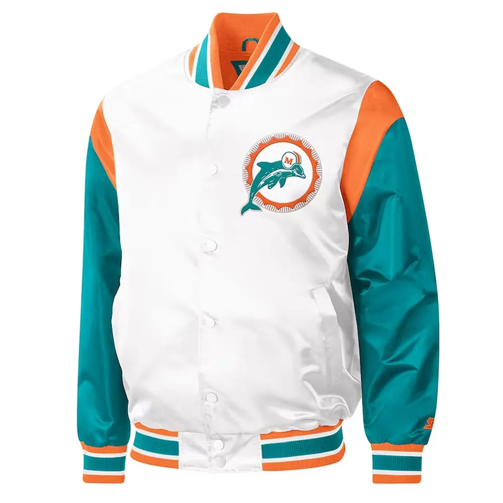 Miami Dolphins Throwback Warm Up Pitch White Satin Jacket