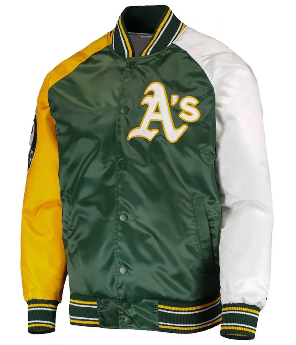 Oakland Athletics Reliever Satin Green and Yellow Varsity Jacket