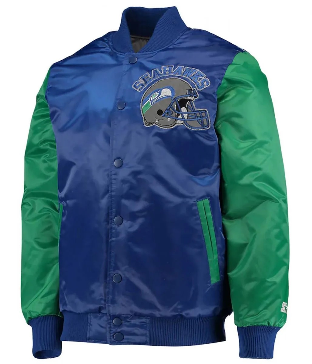 Seattle Seahawks Throwback Blue and Green Varsity Satin Jacket