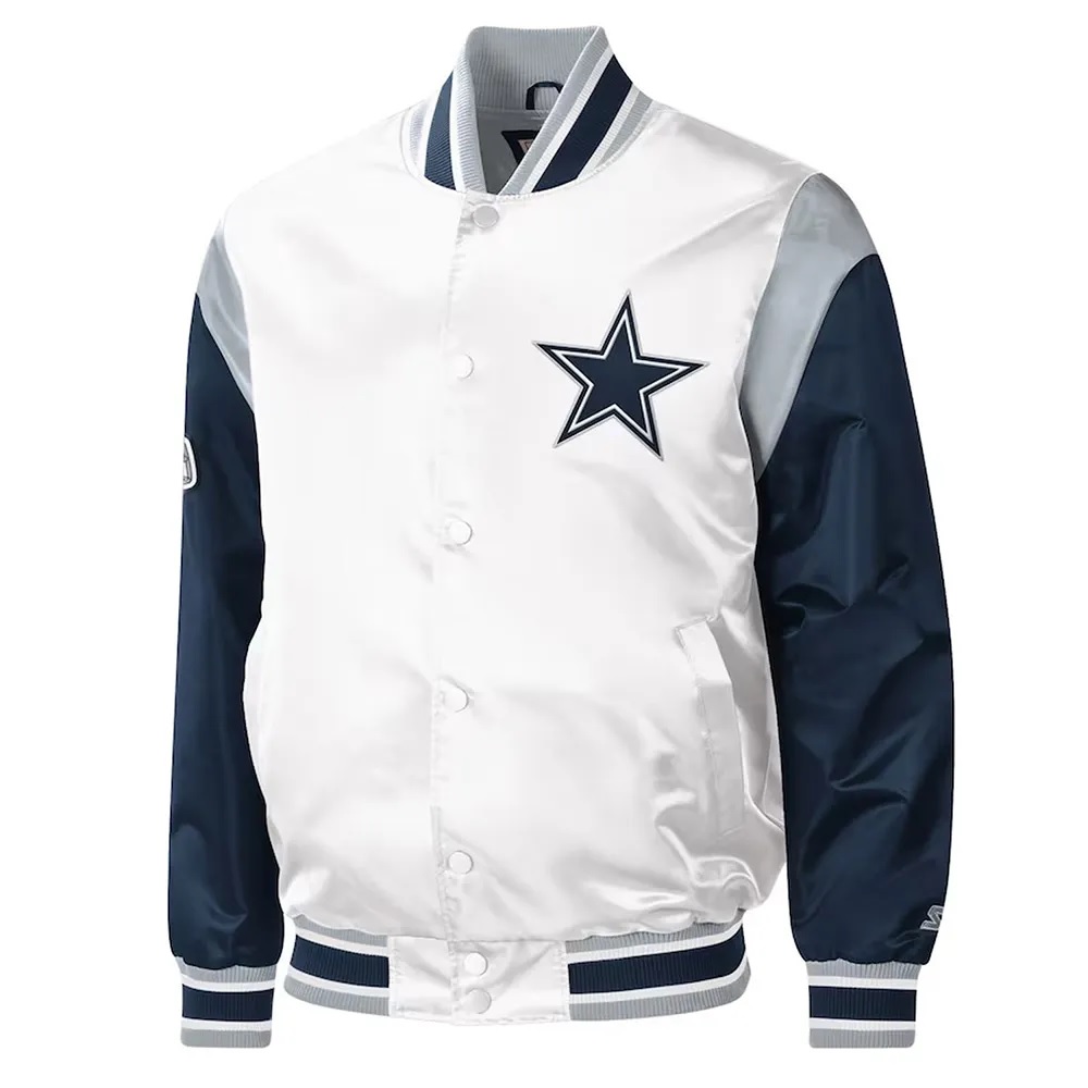 Warm-Up Pitch Dallas Cowboys White and Blue Varsity Satin Jacket